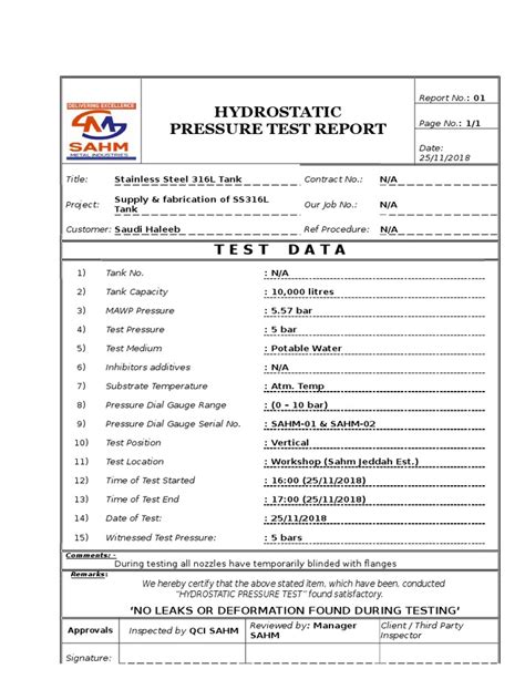 hydrostatic pressure test report template